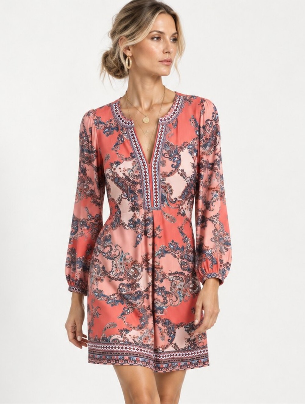Hale Bob Dress Coral Paisley Long Sleeve NWT